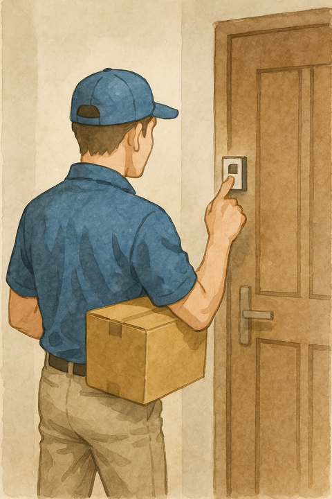 チャイムを押す宅配便の男性