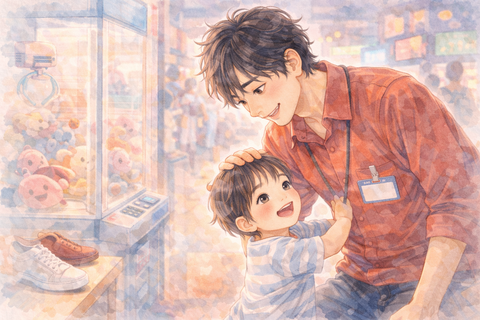 ゲームセンターで3歳男子が男性店員になつく