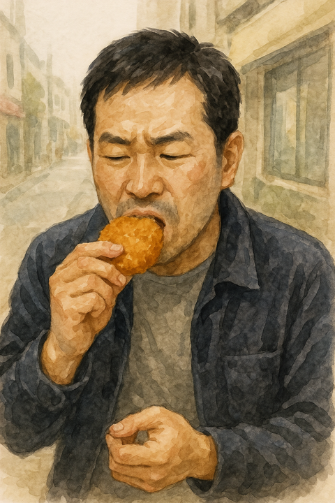 コロッケを食べ歩きする男性