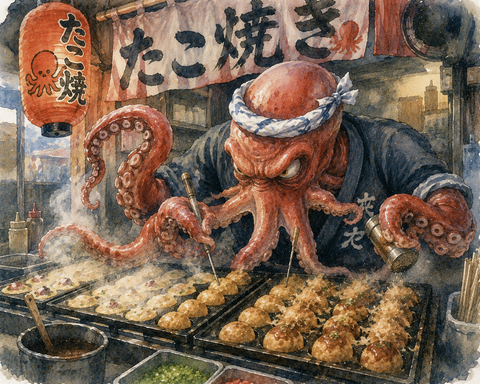 たこ焼きを焼く蛸のたこ焼き屋店主