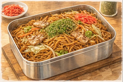 ソースやきそばの入ったステンレスケース