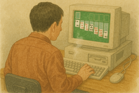 パソコンでソリティアする男性