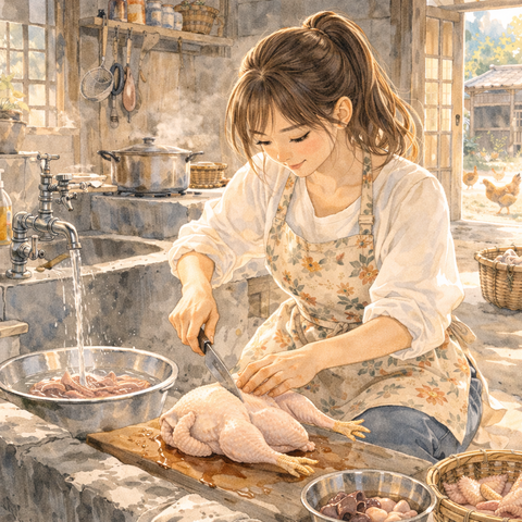 鶏を捌く女性