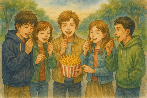 フライドポテトを食べる男女