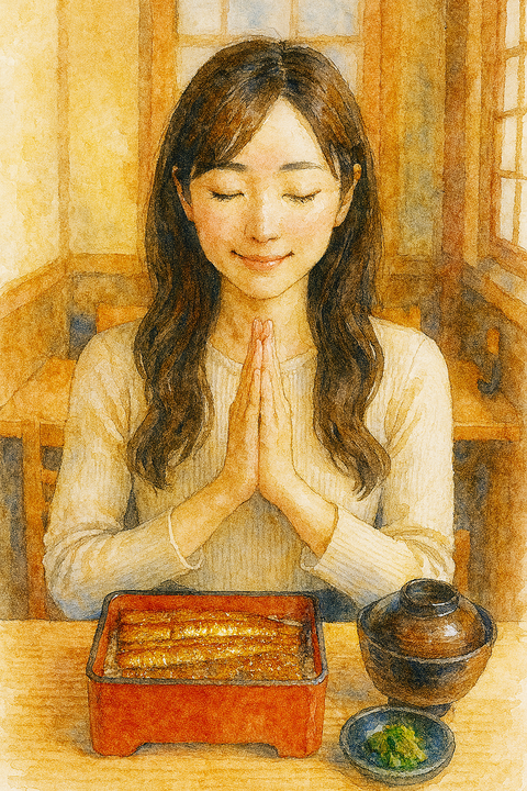 うな重をいただく女性