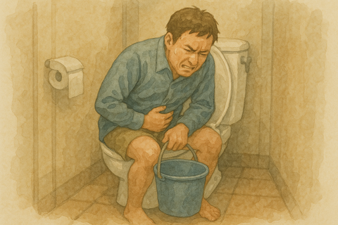 お腹が痛すぎてトイレにこもる男性