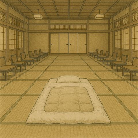 布団が敷かれた旅館の宴会場