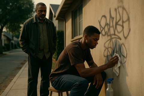 家の壁の落書きを消す若者