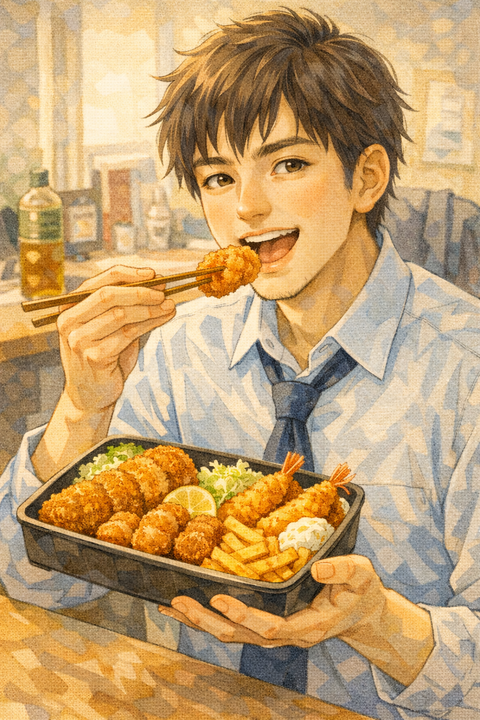 揚げ物弁当を食べる男性