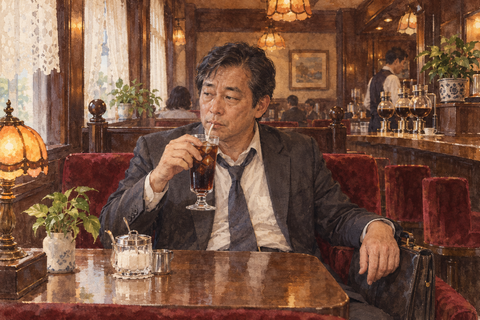 喫茶店　アイスコーヒーを飲む中年サラリーマン