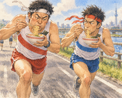 ラーメンマラソンする男性二人