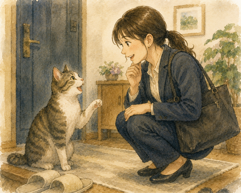 猫の話を聞く女性