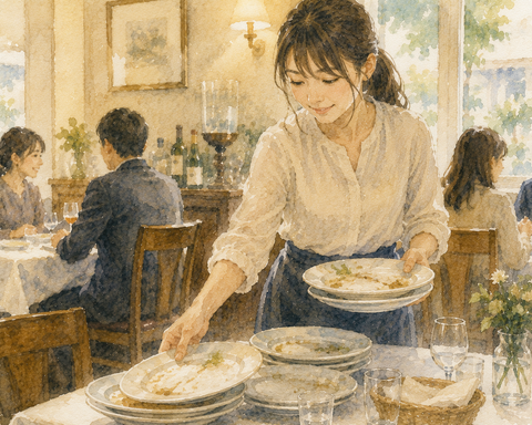 レストランでお皿を集める女性