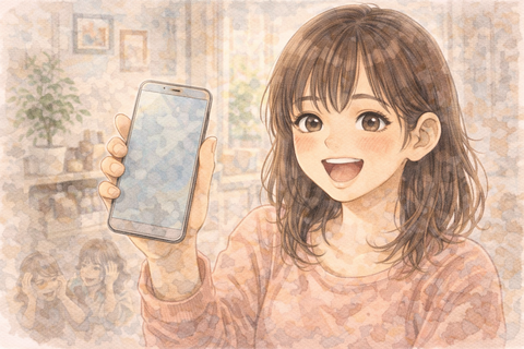 スマホを自慢する可愛い女性