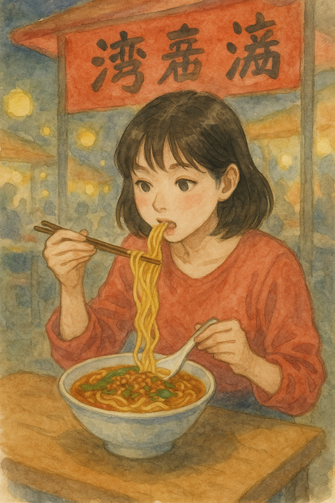 屋台で台湾ラーメンを食べる女性