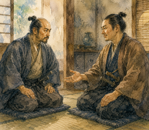 向き合って座る男性