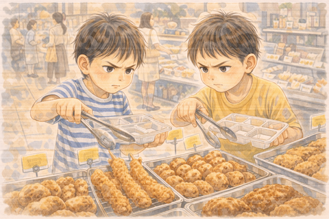 揚げ物バイキングに挑む小学生男子