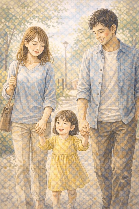 仲良く歩く家族