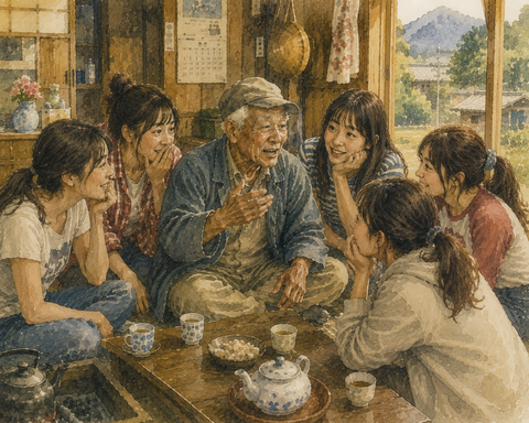 爺さんの話を聞く女性たち