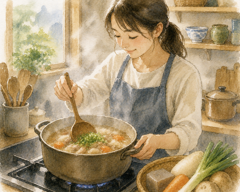 豚汁を作女性