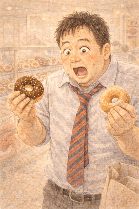 ドーナツをもってビックリする男性
