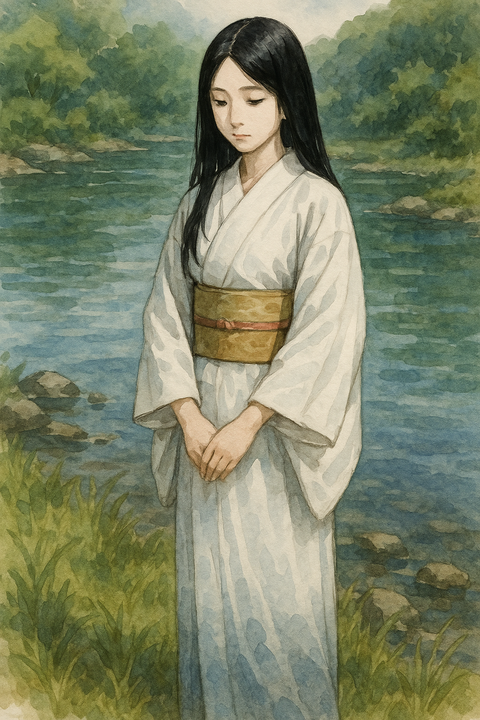 綺麗な川のほとりに立つ女性