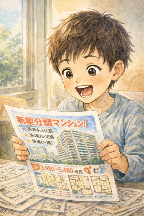 分譲マンションのチラシを見てワクワクする子供