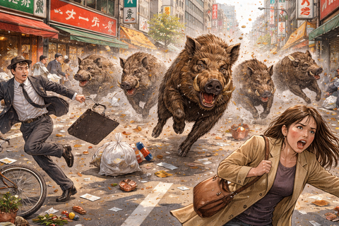 街中で暴れる猪と逃げる人