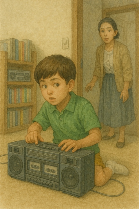 子供がカセットデッキでダビング