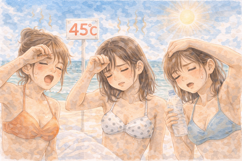酷暑日の海でうなだれる女性