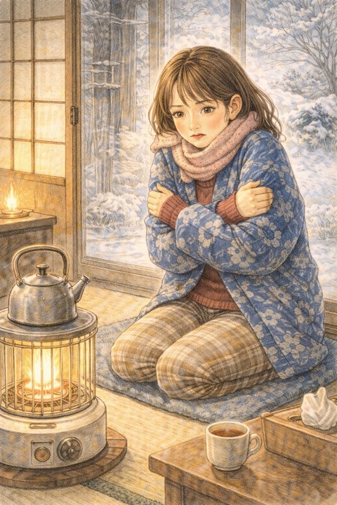 日本家屋が寒いと震える女性