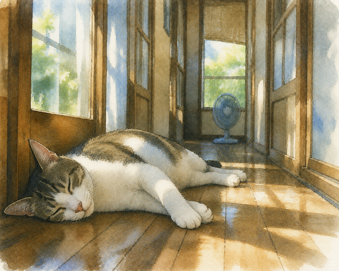 猫が廊下で寝てる