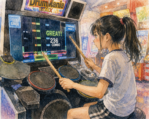ゲームセンターでドラマニ(1st)をプレイする小学６年女子