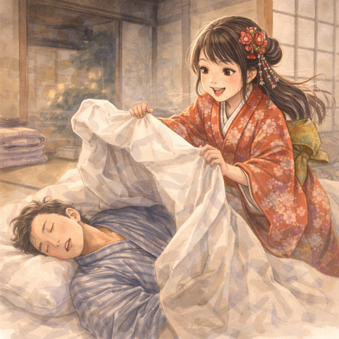 寝ている彼氏の布団をはぎ取る彼女