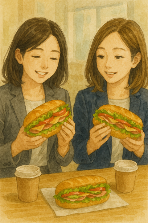 ランチにサンドイッチを食べる女性