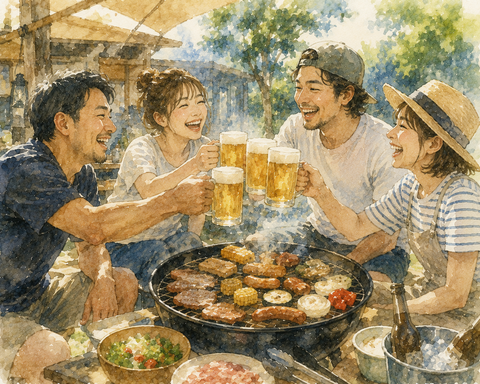 バーベキューでビールを飲む