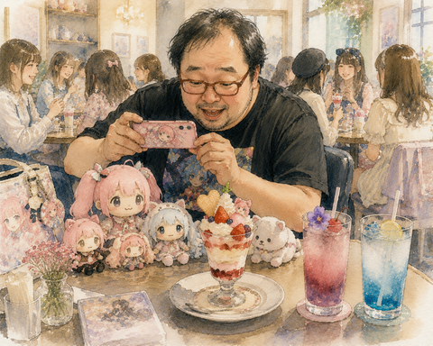 カフェでぬい活する中年男性
