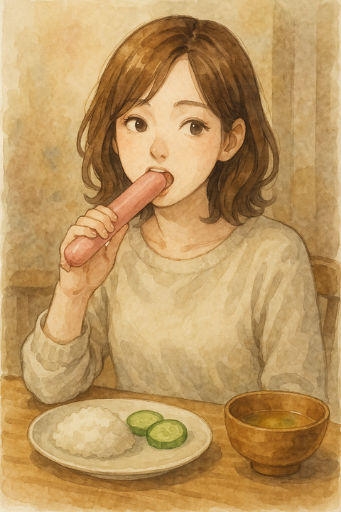 魚肉ソーセージを丸かじりする女性