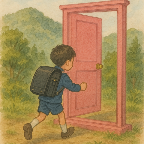 裏山に置いてピンク色のドアをくぐろうとする小学生