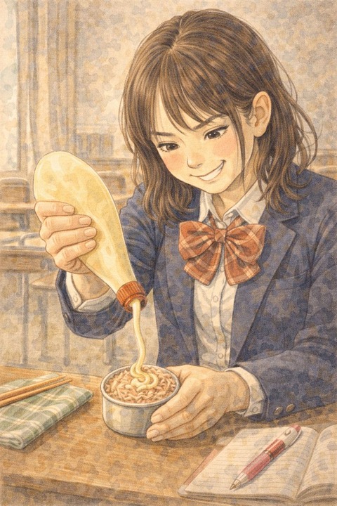 教室でツナ缶にマヨネーズをかける女子高生