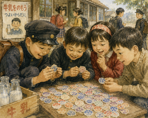 牛乳の蓋を集める小学生