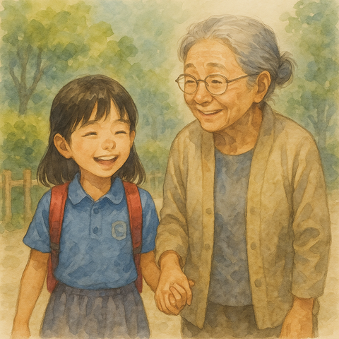 おばあちゃんと手をつないで歩く女子小学生