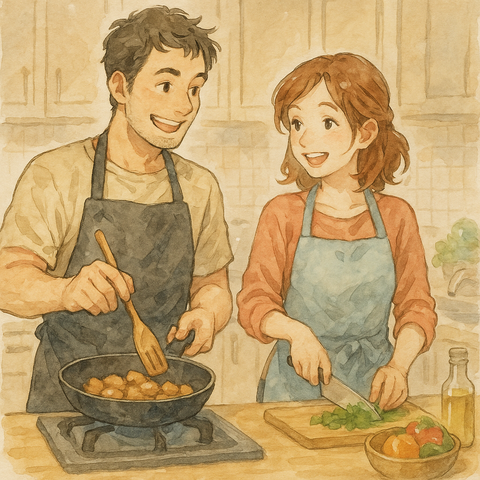 キッチンで夫婦仲よく料理