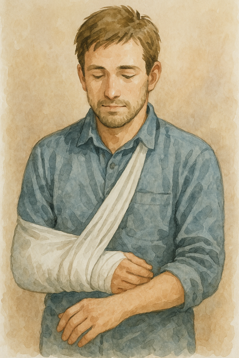 腕を包帯で固定している男性