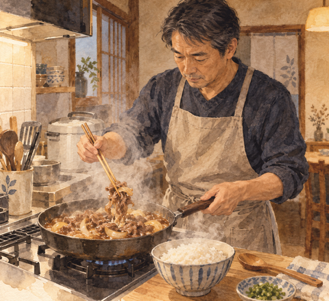 牛丼づくり　中年男性