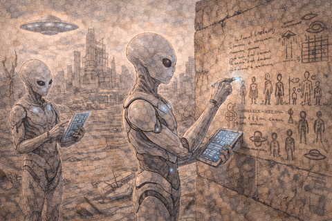 壁画に記録を残す宇宙人みたいな未来人