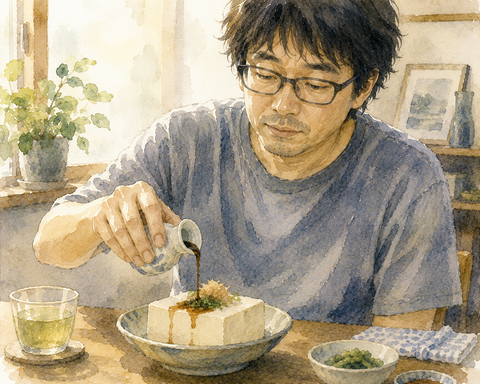 冷ややっこに醤油をかける男性