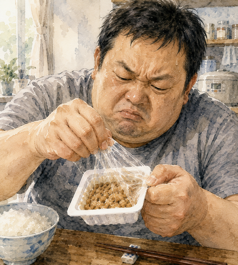 納豆からフィルムを剥がす男性