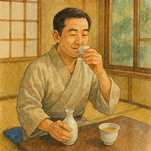 旅館で日本酒を楽しむ男性