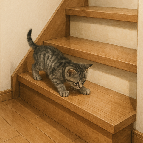 家の中の階段で降りる練習をする子猫
